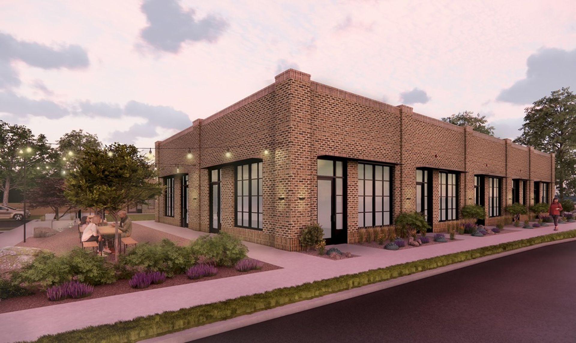 Garden Street Commons exterior at dusk with outdoor dining and string lights, architectural rendering